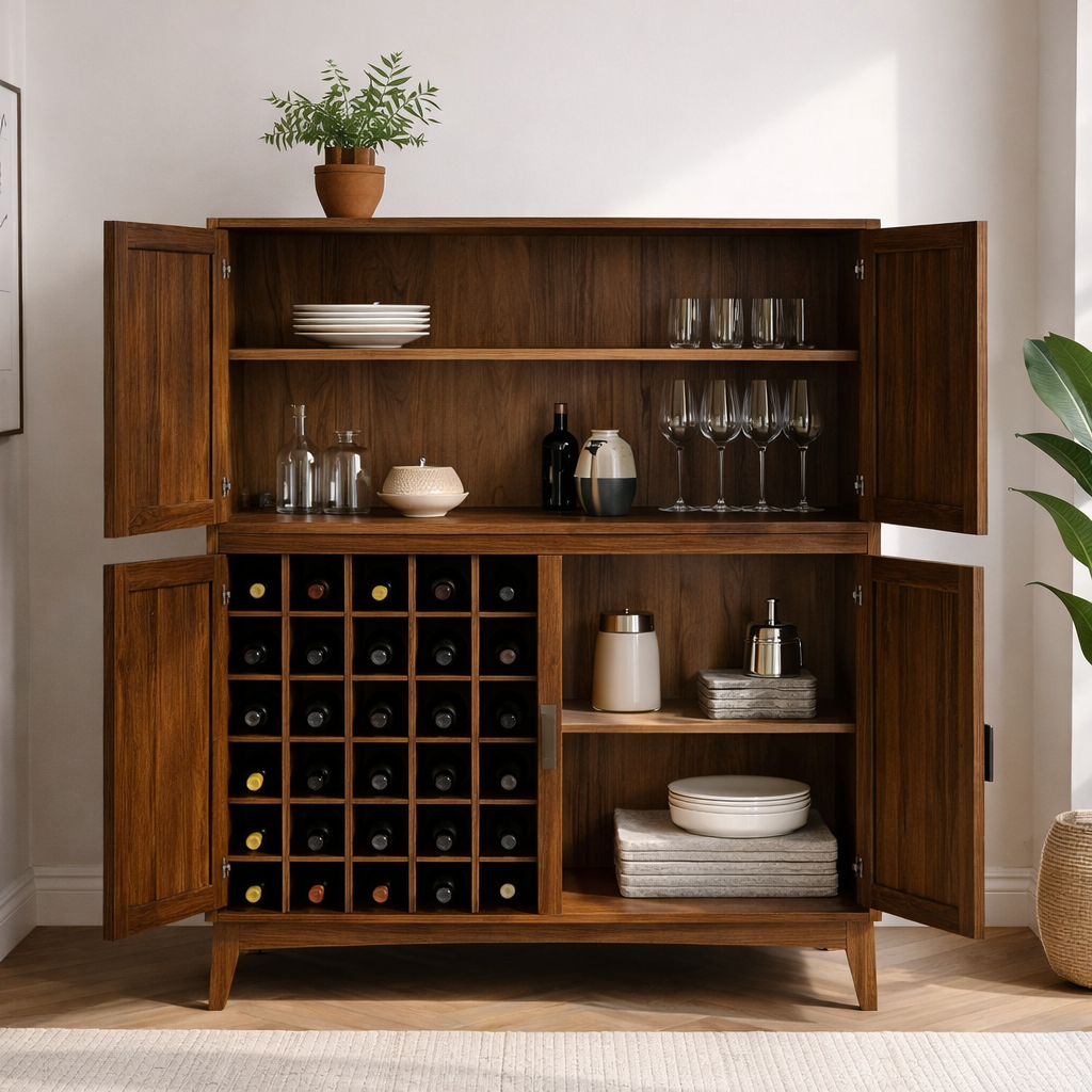 Handcrafted Solid Wood Wine Cabinet with Bottle Rack and Storage Shelves