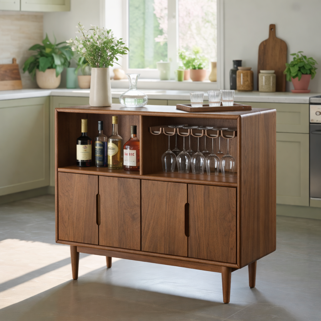 Handcrafted Solid Wood Dining Cabinet with Wine Storage and Hanging Glass Rack