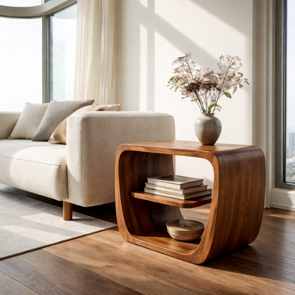 Modern Solid Wood End Table with Storage Shelf – Curved Wooden Side Table for Living Room Kitchnce