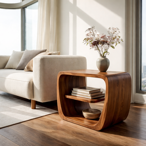 Modern Solid Wood End Table with Storage Shelf – Curved Wooden Side Table for Living Room Kitchnce