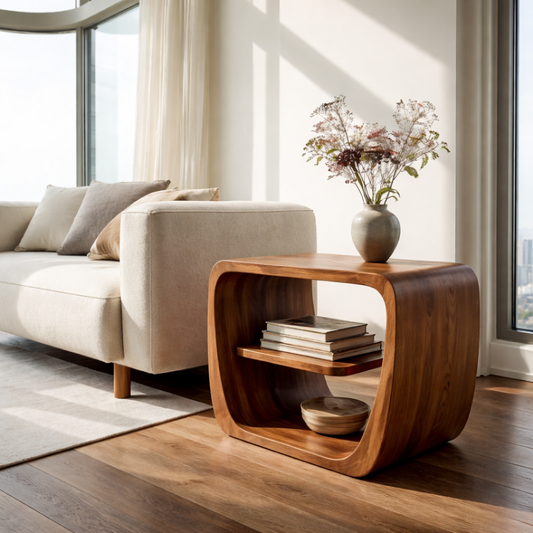 Modern Solid Wood End Table with Storage Shelf – Curved Wooden Side Table for Living Room Kitchnce