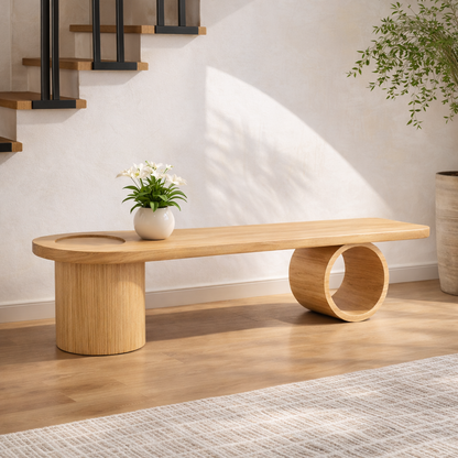 Modern Solid Oak Sculptural Bench, Minimalist Geometric Statement Seat