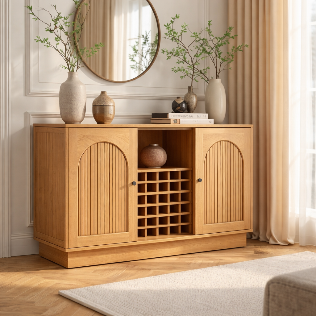 Arched Slatted Wood Wine Cabinet with Bottle Rack Modern Bar Storage