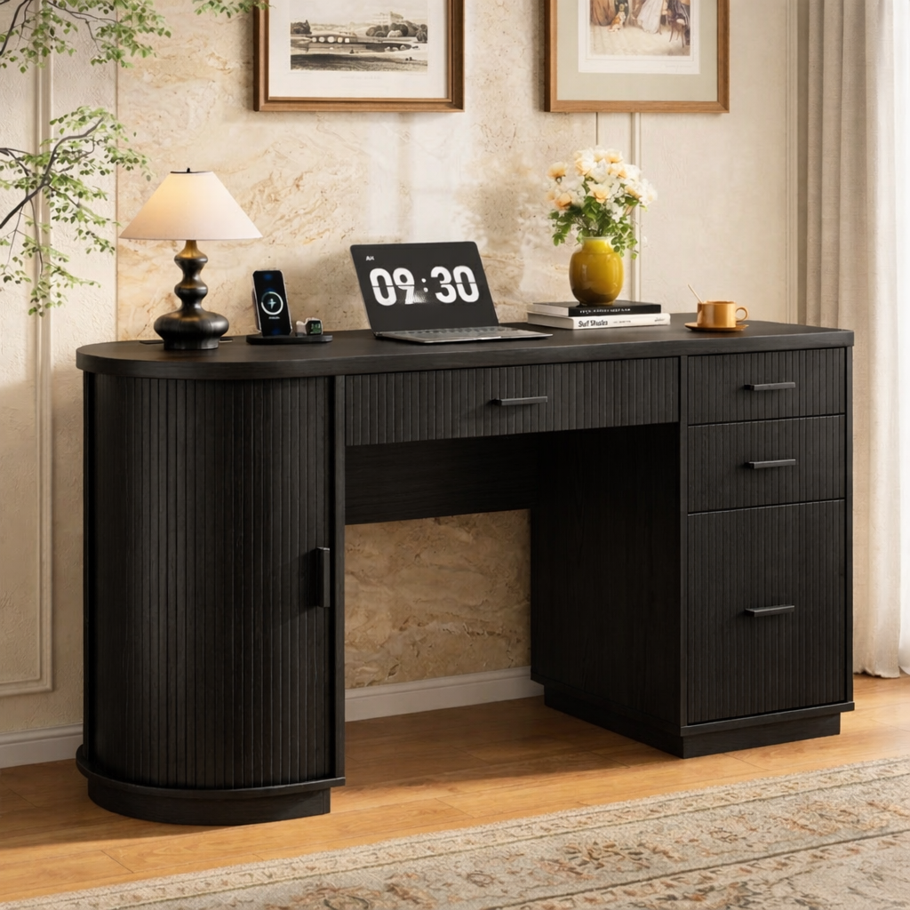 Modern Fluted Executive Desk with Drawers, Curved Cabinet Home Office Writing Table
