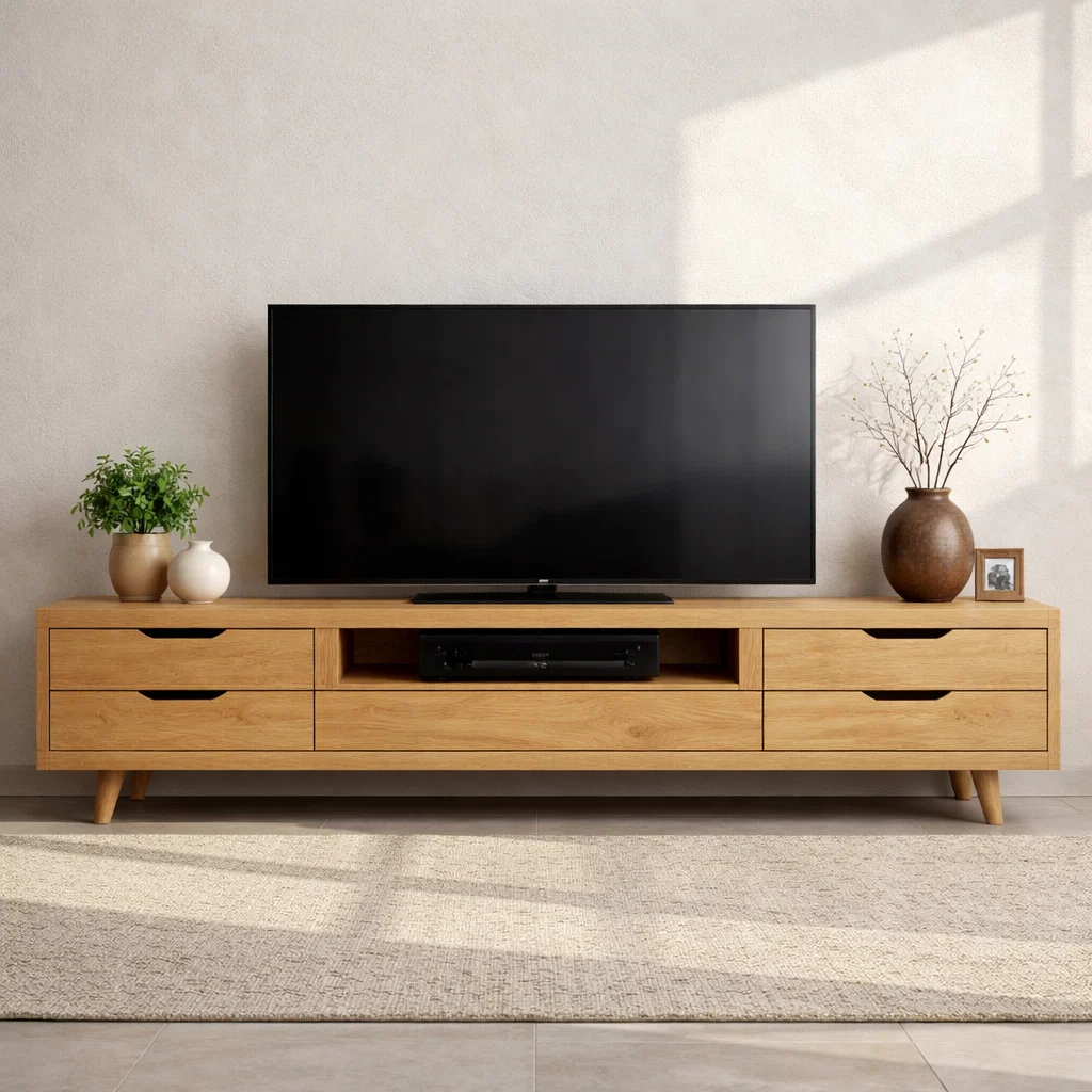 Solid Wood Media Console with Drawers – Modern TV Stand with Open Shelf Storage