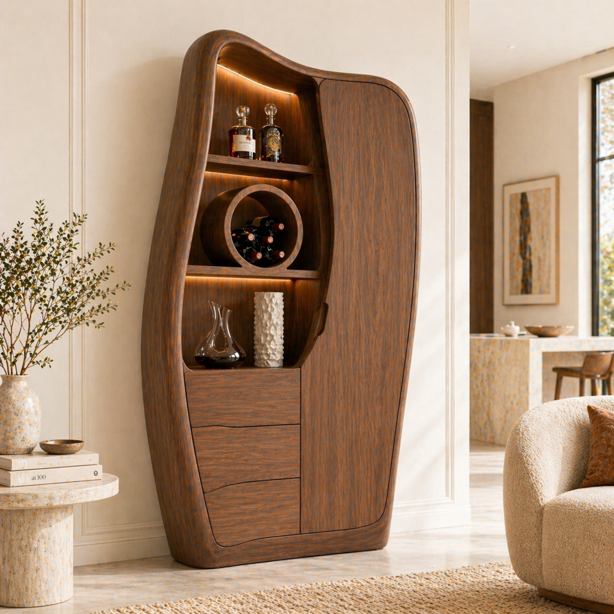 Sculptural Tall Bar Cabinet Wine Storage Display Shelves Freestanding Statement Piece