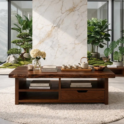 Live Edge Oak Coffee Table with Storage Drawer and Shelf, Solid Wood Living Room Table Kitchnce