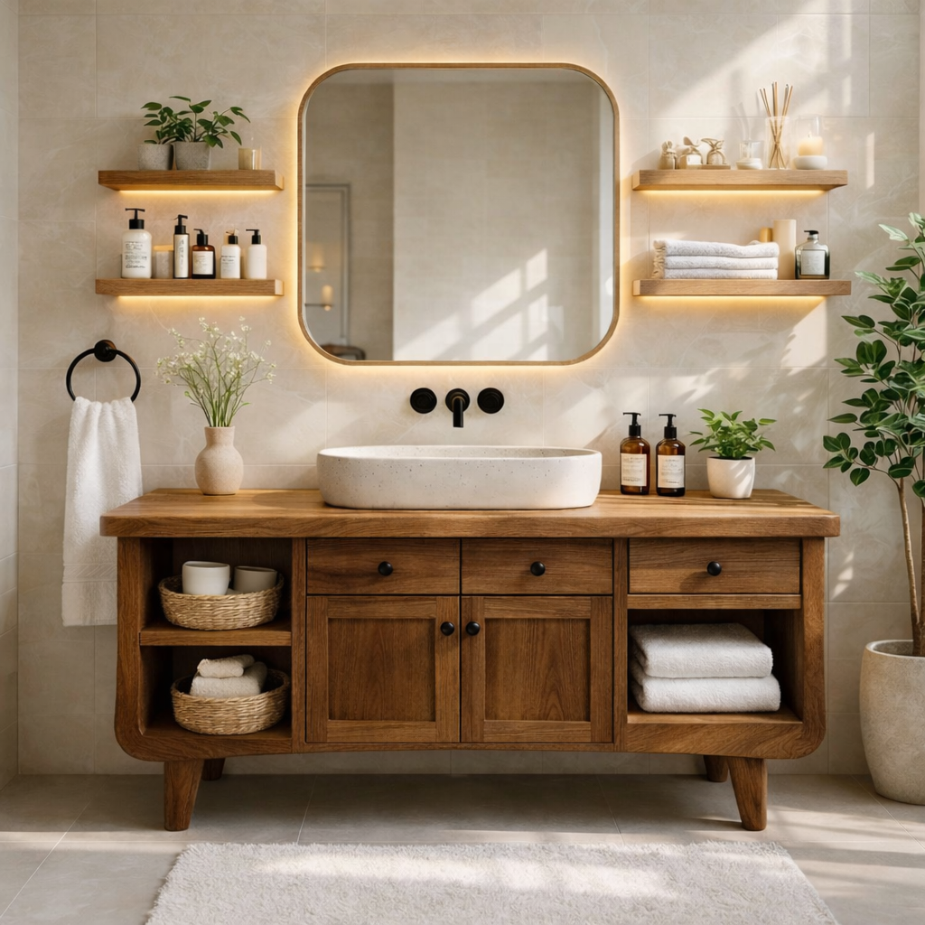 Modern Farmhouse Bathroom Vanity Cabinet With Drawers And Open Shelf Storage Kitchnce