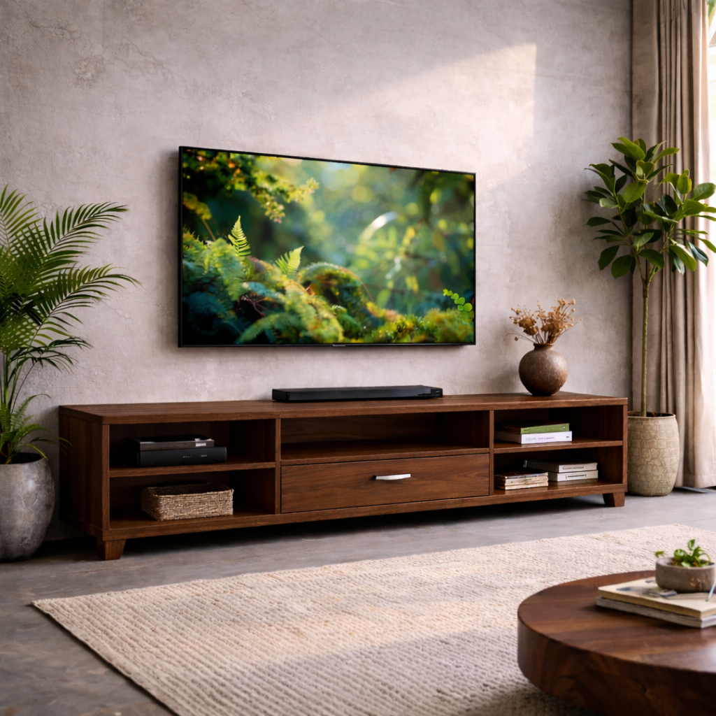 Modern Solid Wood TV Stand with Drawer and Open Shelves – Living Room Media Console Kitchnce