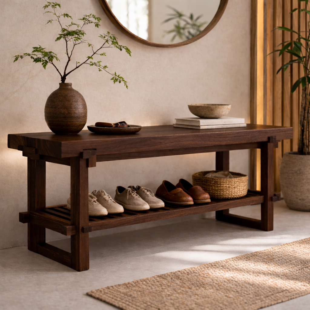 Solid Oak Entryway Bench with Storage Shelf | Modern Hallway Seating Kitchnce
