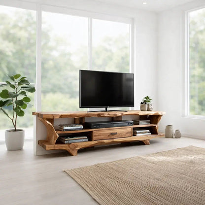 Solid Wood TV Cabinet with Live Edge – Rustic Oak Media Console Kitchnce
