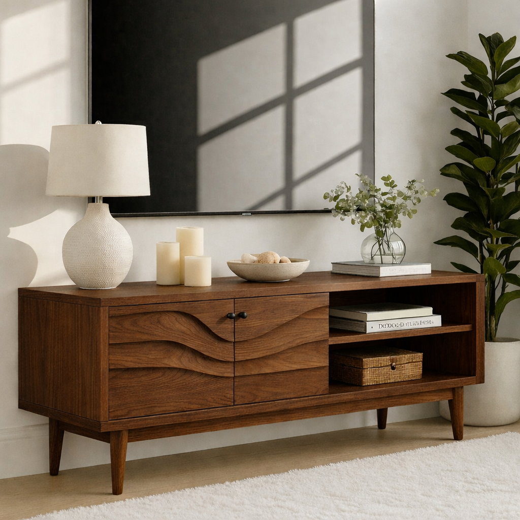 Mid Century Solid Wood TV Stand Wave Front Media Console Modern Entertainment Cabinet Kitchnce