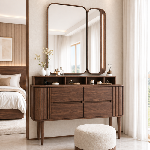 Modern Makeup Vanity Desk With LED Mirror Drawers Dressing Table Bedroom Furniture
