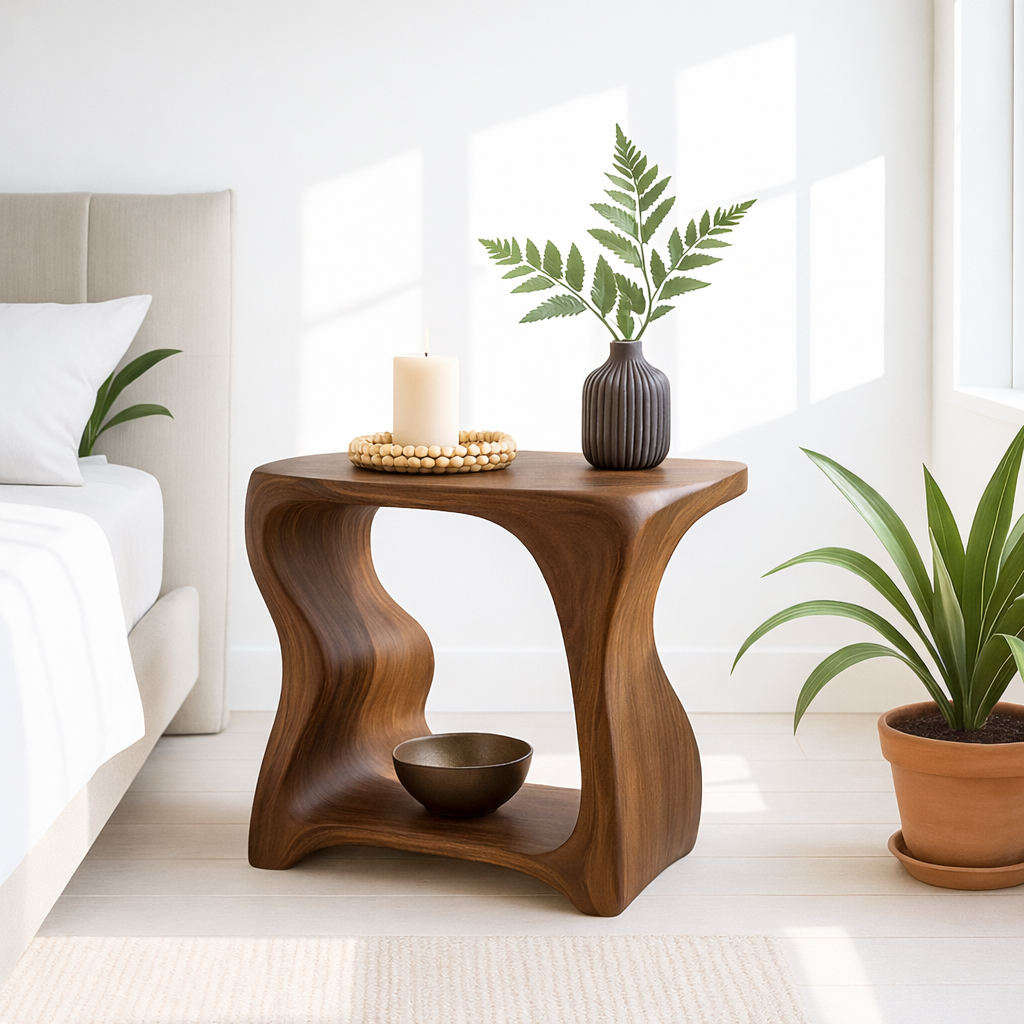 Modern Wooden Nightstand with Curved Design for Bedroom - Natural Wood Finish Kitchnce