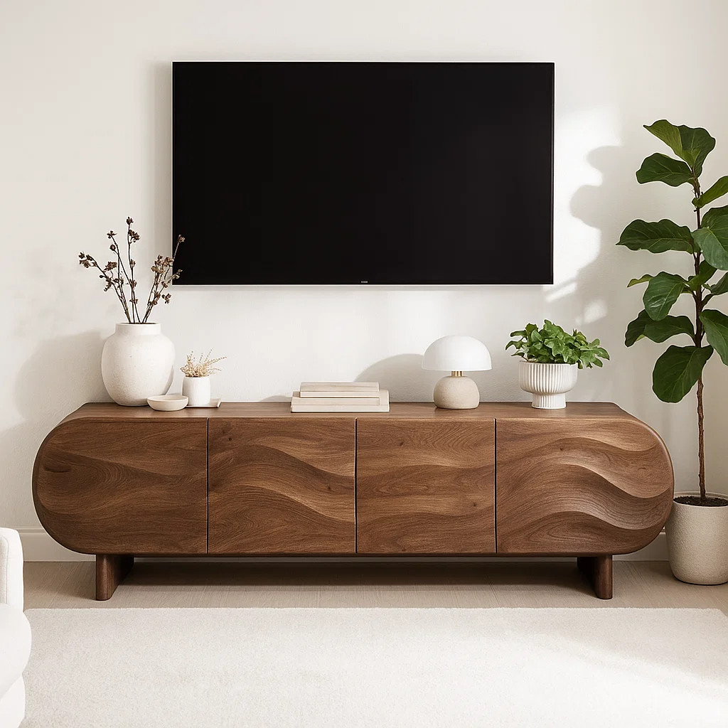 Modern Curved Wood TV Stand Long Media Console Storage Cabinet Low Profile Entertainment Center Kitchnce
