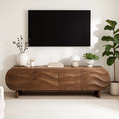 Modern Curved Wood TV Stand Long Media Console Storage Cabinet Low Profile Entertainment Center Kitchnce