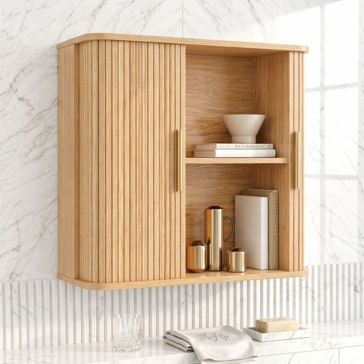 Floating Bathroom Cabinet, Modern Slatted Wall Mounted Vanity Storage Organizer Shelf