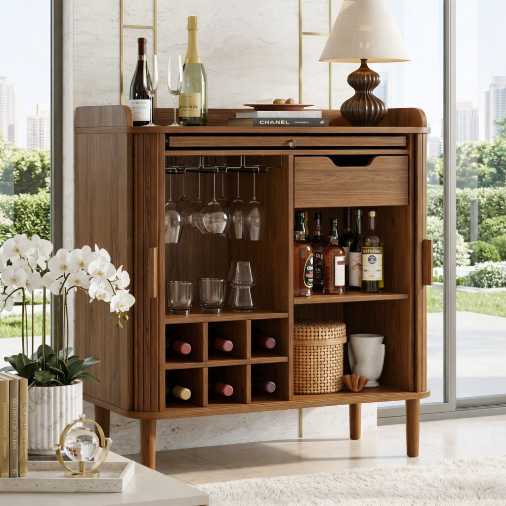 Elegant Modern Wooden Bar Cabinet, Fluted Home-Bar Console with Wineglass Storage