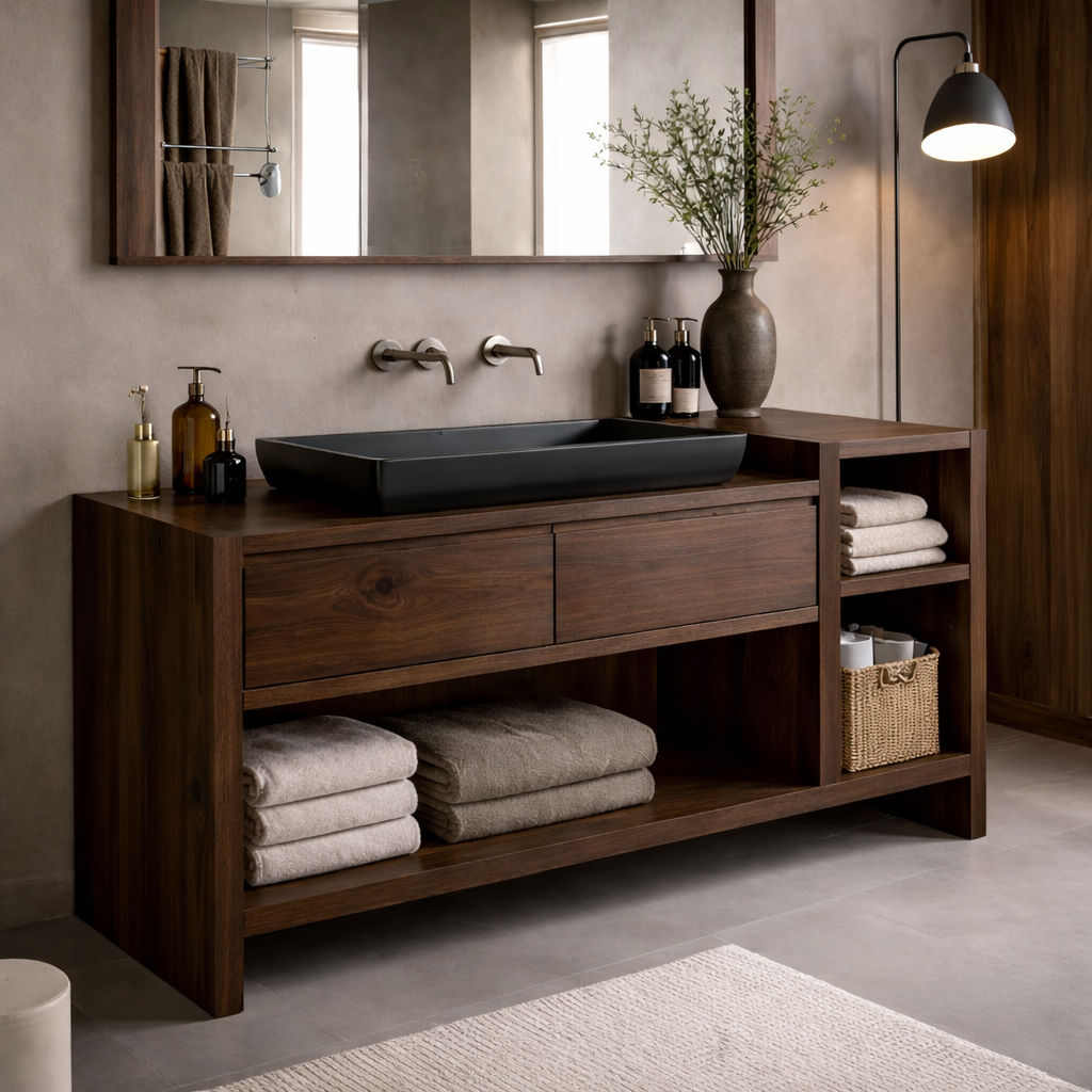Solid Wood Bathroom Vanity Cabinet with Drawer & Side Shelf – Walnut Bathroom Storage