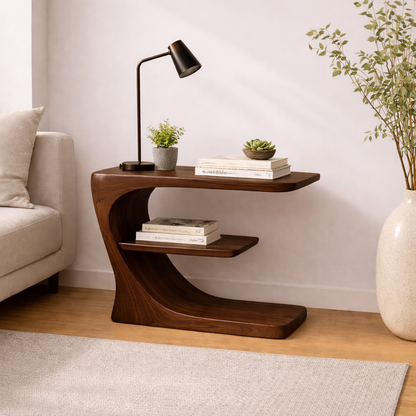 Solid Wood Curved End Table with Shelf – Modern Walnut C-Shape Side Table for Living Room Kitchnce
