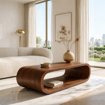 Modern Curved Coffee Table with Open Shelf for Contemporary Minimalist Interiors