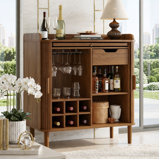 Elegant Modern Wooden Bar Cabinet, Fluted Home-Bar Console with Wineglass Storage