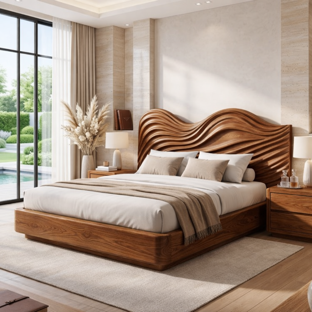 Modern Wave Headboard Bed Frame, Luxury Platform Bedroom Furniture Design