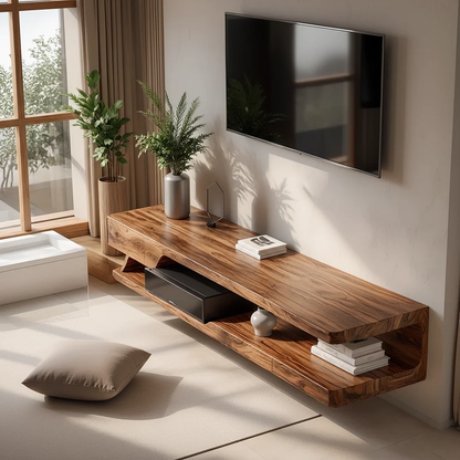 Solid Wood Floating TV Stand Modern Wall Mounted Media Console Shelf