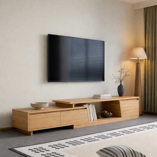 Solid Wood Media Console, Modern Low TV Stand with Open Shelf and Storage Cabinet