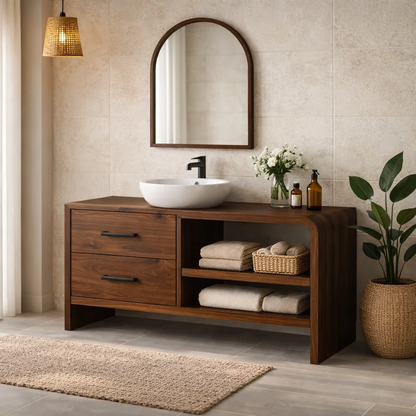 Modern Solid Wood Bathroom Vanity with Drawers and Open Shelf Storage Cabinet