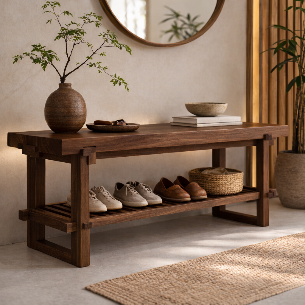 Solid Oak Entryway Bench with Storage Shelf | Modern Hallway Seating Kitchnce