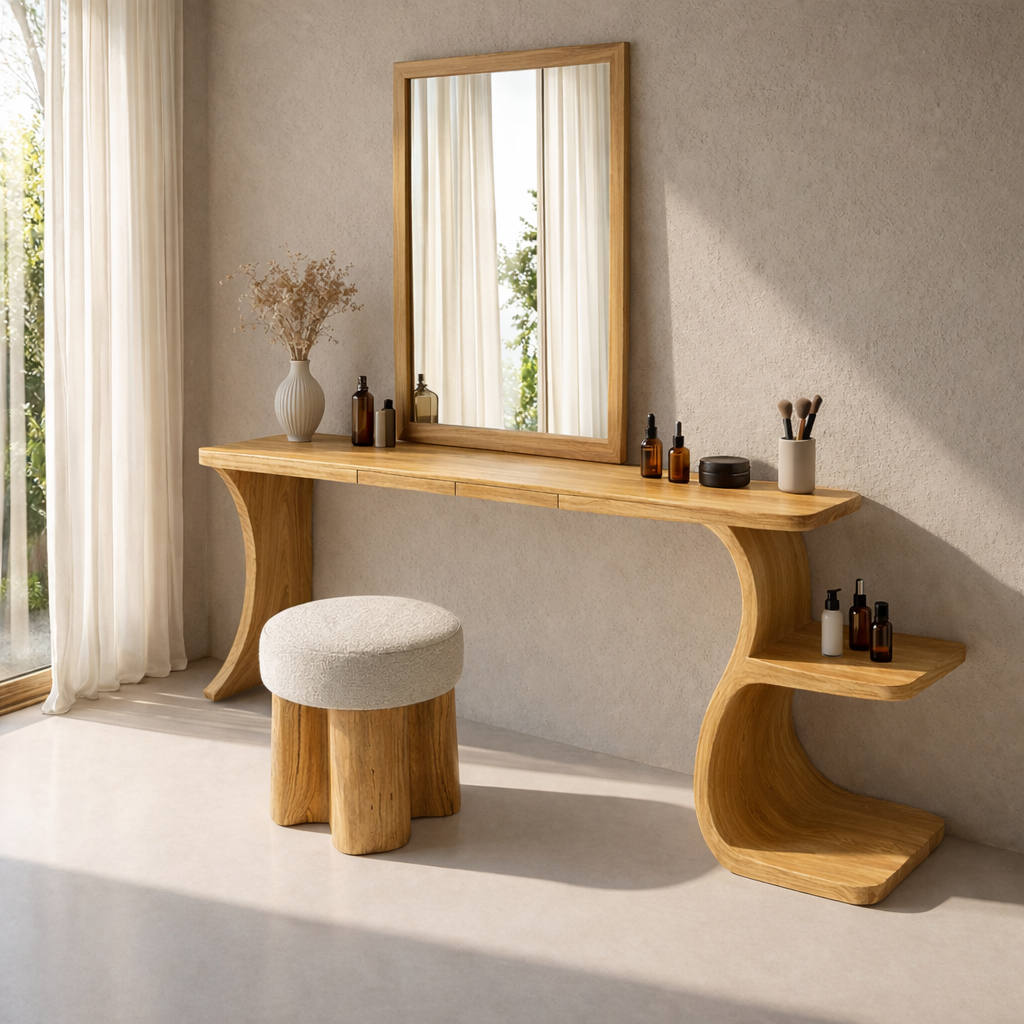 Handcrafted Solid Wood Makeup Vanity with Storage – Sculptural Modern Design