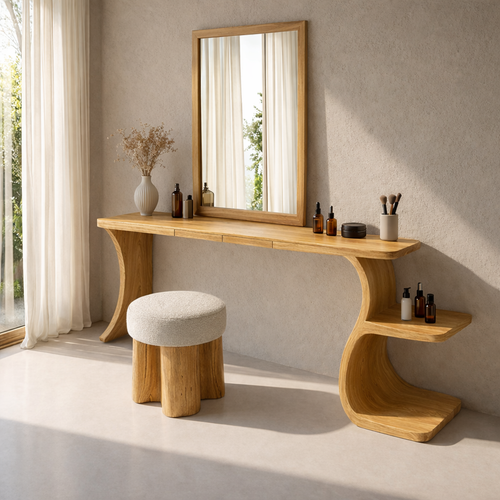Handcrafted Solid Wood Makeup Vanity with Storage – Sculptural Modern Design