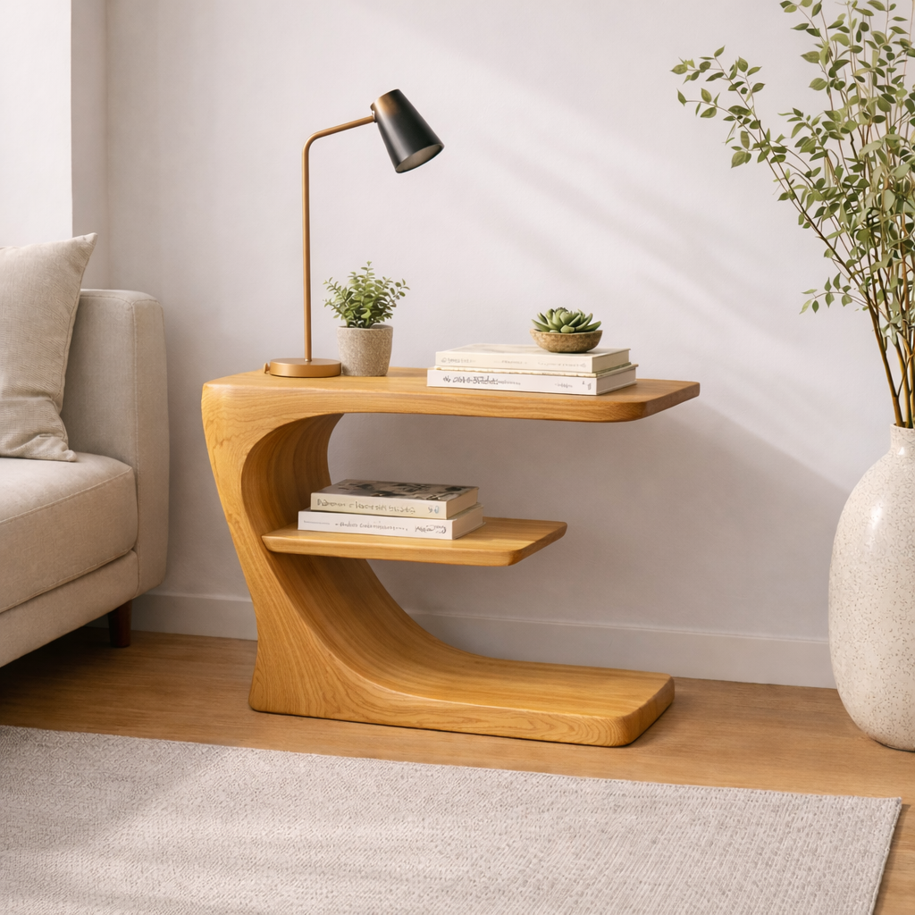 Solid Wood Curved End Table with Shelf – Modern Walnut C-Shape Side Table for Living Room Kitchnce