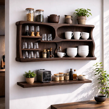 Solid Wood Kitchen Cabinet Shelf – Curved Open Wall Storage for Modern Kitchens Kitchnce