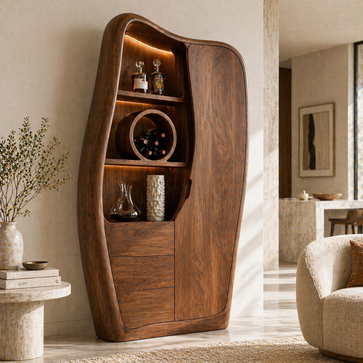 Sculptural Tall Bar Cabinet Wine Storage Display Shelves Freestanding Statement Piece