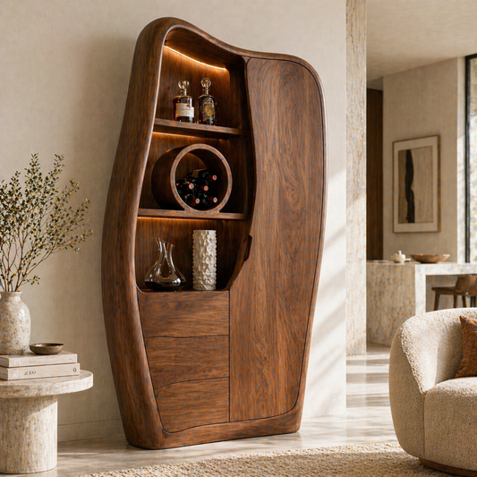 Sculptural Tall Bar Cabinet Wine Storage Display Shelves Freestanding Statement Piece