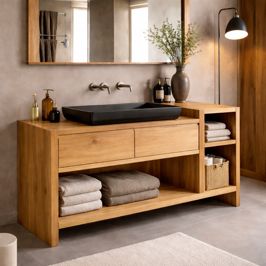 Solid Wood Bathroom Vanity Cabinet with Drawer & Side Shelf – Walnut Bathroom Storage