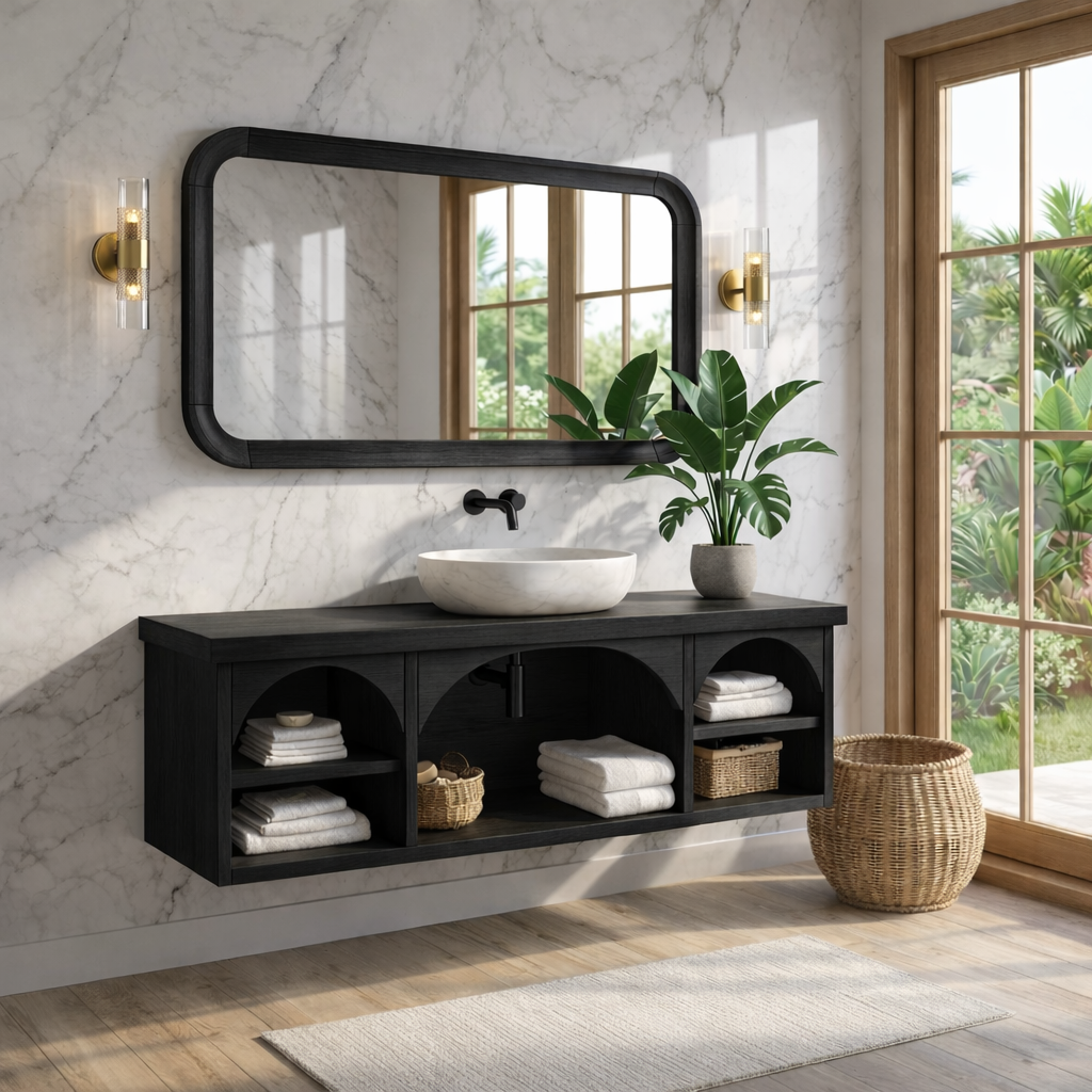 Solid Wood Floating Vanity with Arched Storage and Modern Design Kitchnce