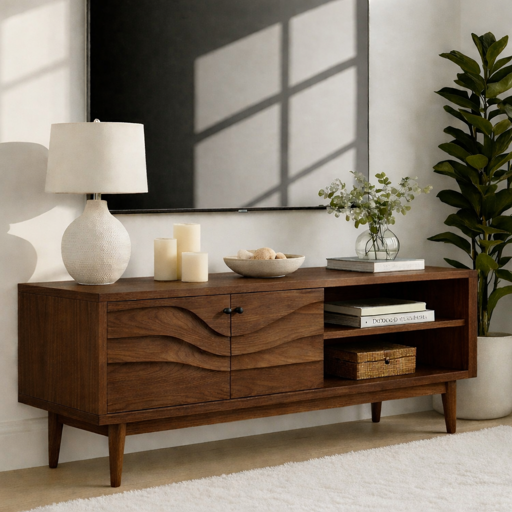 Mid Century Solid Wood TV Stand Wave Front Media Console Modern Entertainment Cabinet Kitchnce