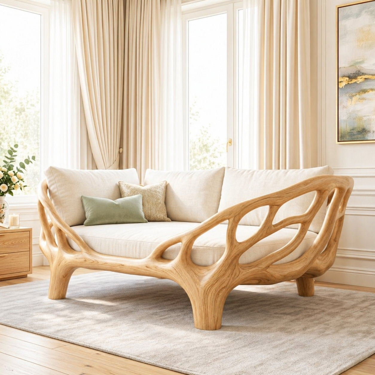 Contemporary Sculptural Daybed Sofa With Open Frame, Cream Cushions, Luxury Lounge