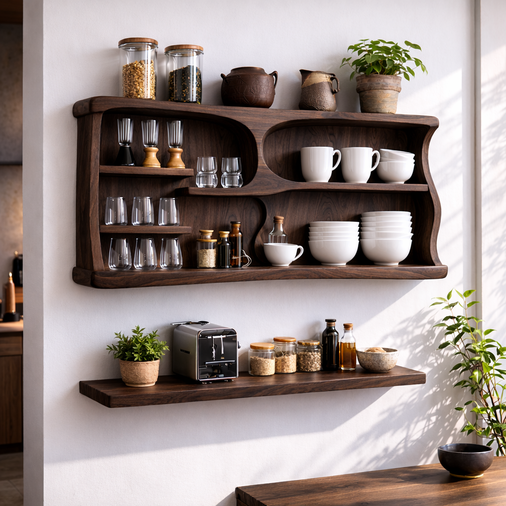 Solid Wood Kitchen Cabinet Shelf – Curved Open Wall Storage for Modern Kitchens