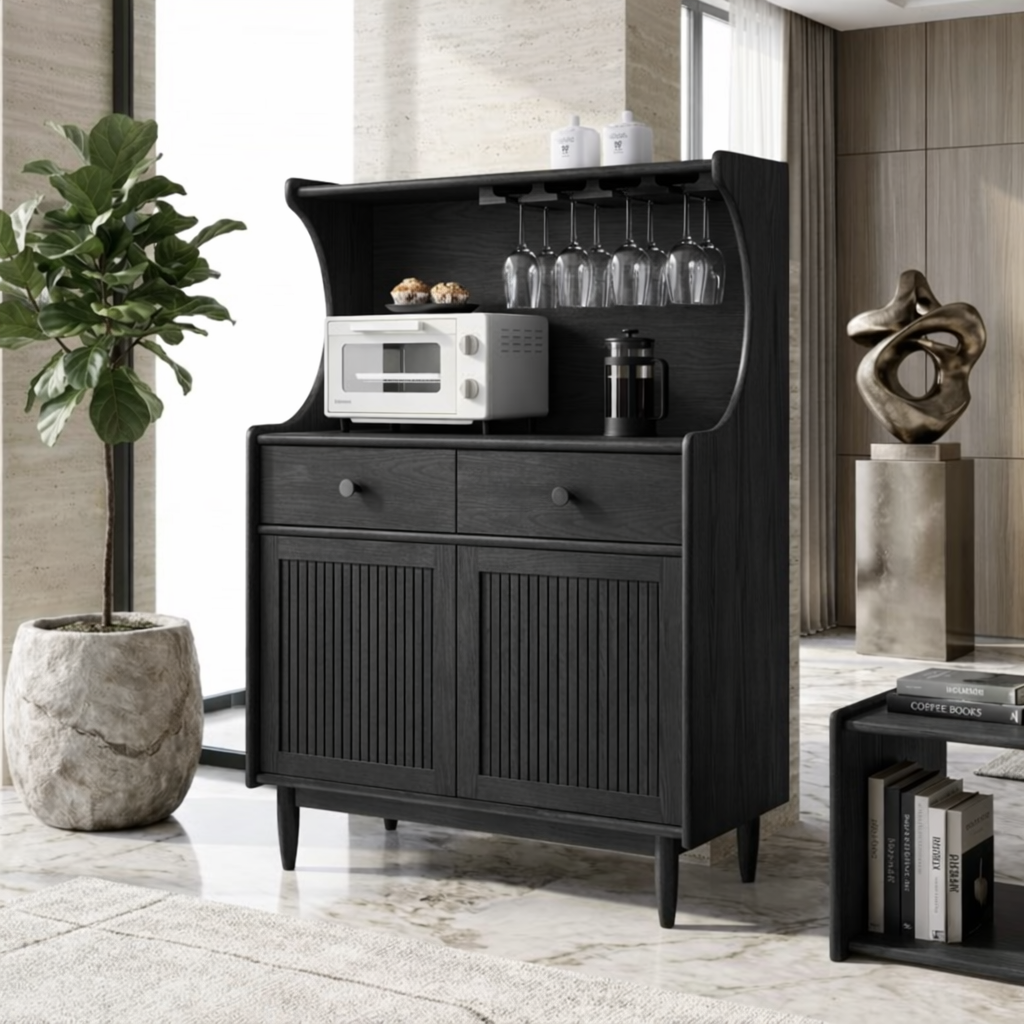 Contemporary Fluted Wooden Coffee-Bar Cabinet, Glassware Storage Entertaining Hutch