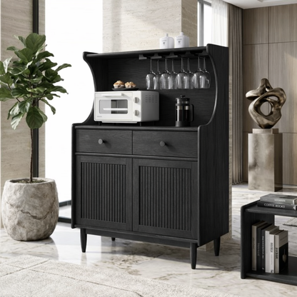 Contemporary Fluted Wooden Coffee-Bar Cabinet, Glassware Storage Entertaining Hutch