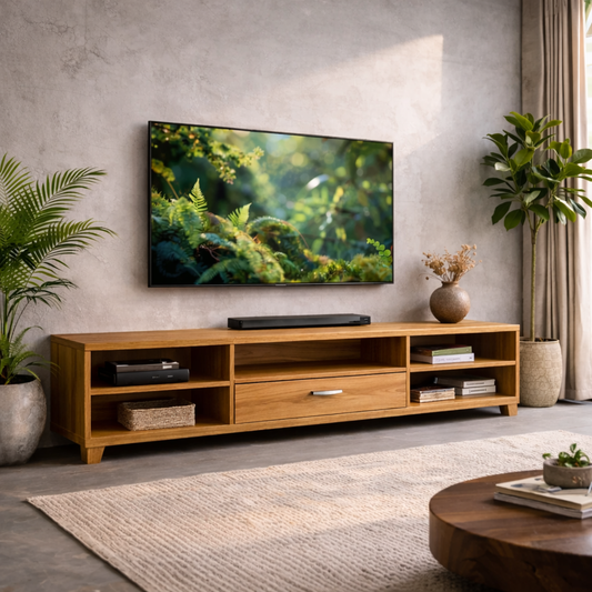 Modern Solid Wood TV Stand with Drawer and Open Shelves – Living Room Media Console Kitchnce