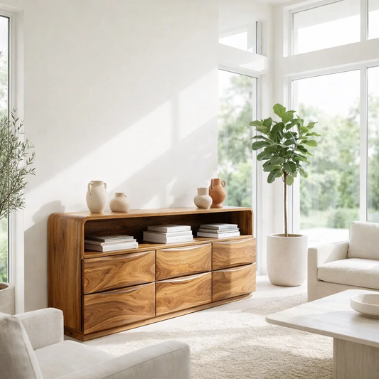 Solid Wood Sideboard Console with Wave Drawers & Open Shelf Storage Cabinet