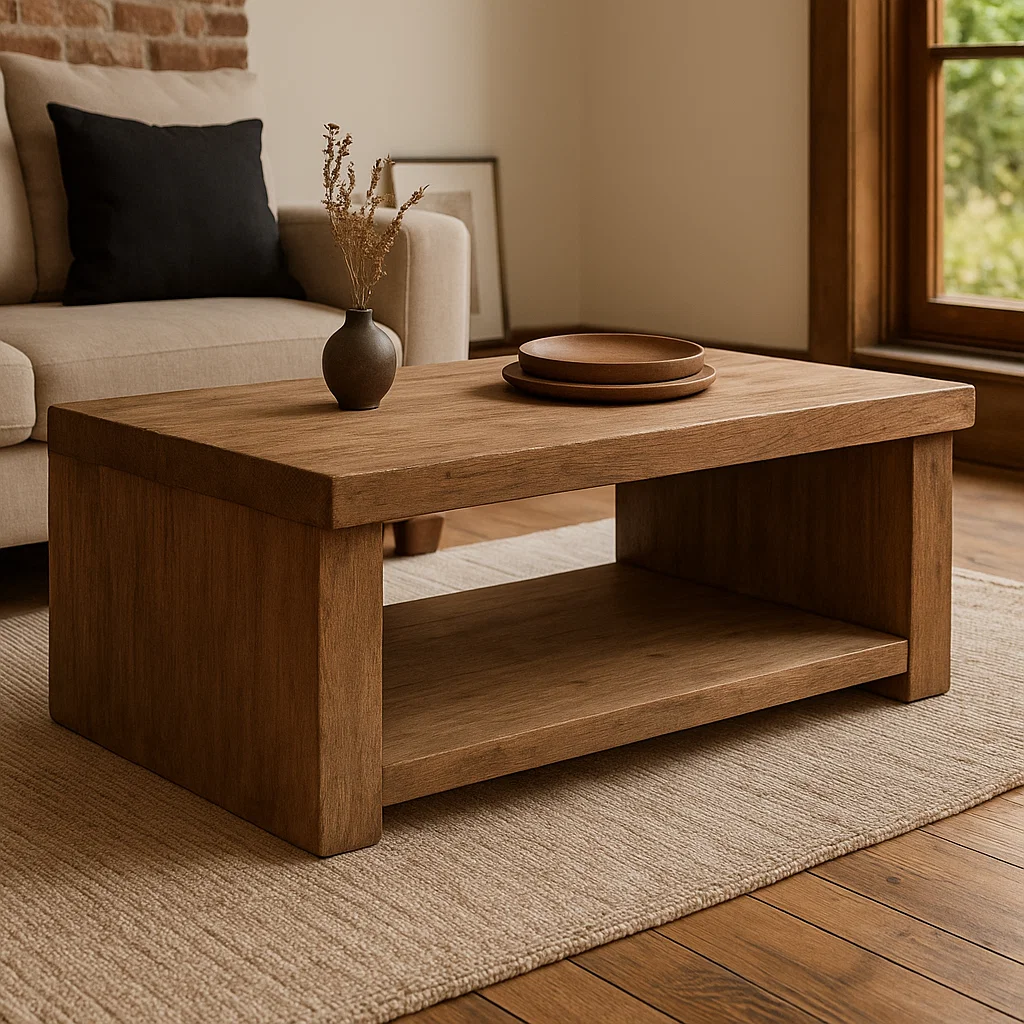 Handcrafted Solid Wood Coffee Table – Rustic Contemporary Center Table with Open Shelf and Matte Natural Finish Kitchnce