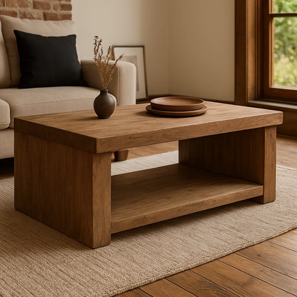 Handcrafted Solid Wood Coffee Table – Rustic Contemporary Center Table with Open Shelf and Matte Natural Finish Kitchnce