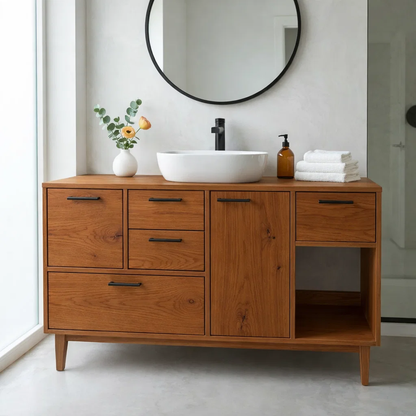 Solid Wood Bathroom Vanity with Drawers & Open Storage – Modern Design