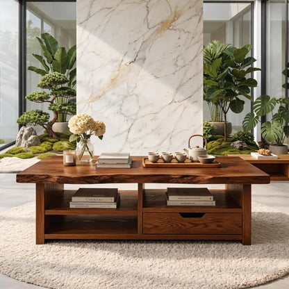 Live Edge Oak Coffee Table with Storage Drawer and Shelf, Solid Wood Living Room Table Kitchnce
